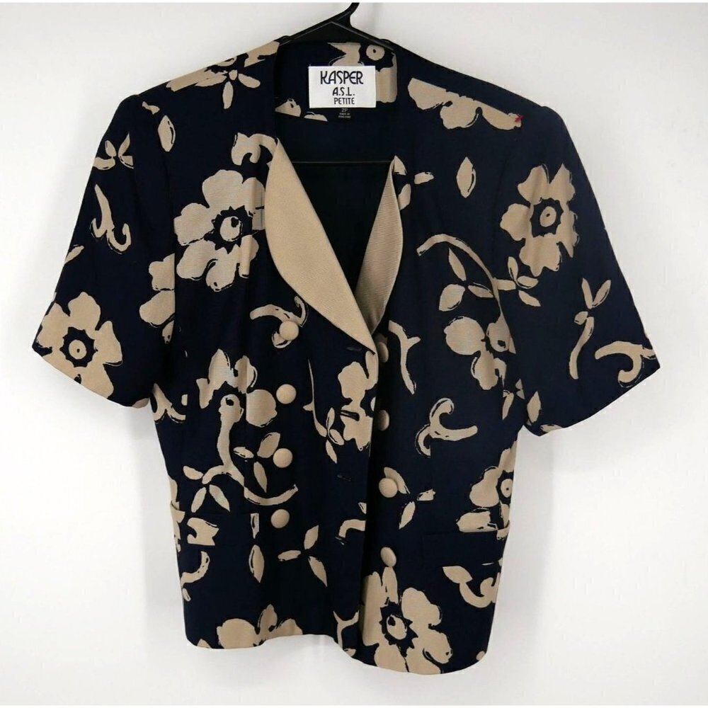 Kasper Black and Beige Floral Short Sleeve Jacket